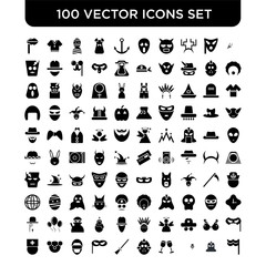 Obraz premium Set of 100 Vector icons such as Confetti, Knight, Zorro, Drinks, Hockey mask, Broomstick, Mask, Helmet, Bear, Doctor