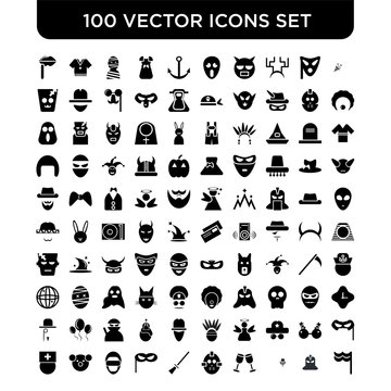 Set of 100 Vector icons such as Confetti, Knight, Zorro, Drinks, Hockey mask, Broomstick, Mask, Helmet, Bear, Doctor