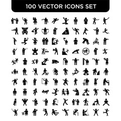 Set of 100 Vector icons such as Bats man, Man with open arms, Fisher fishing, practicing high jump, dancing, Karate fighter, Jumping Man, drinking, Woman Shopping Cart, Tennis player