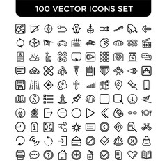 Outline set of 100 Vector line icons such as Left arrow, Heart, Text documents, Round done button, Delete add Home help Speech bubble with ellipsis, Print button