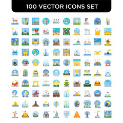 Set of 100 Vector icons such as Statue liberty, Eiffel tower, Empire state building, Sphinx, Christ the eemer, Burj al arab, Cathedral, Colosseum, Great buddha thailand, Kinderdijk windmills