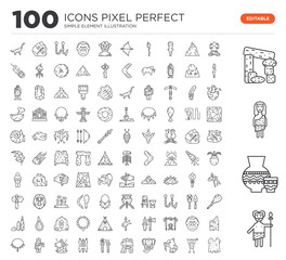 Set of 100 linear icons such as Troglodyte, Pottery, Dolmen, Bonfire, Saber toothed tiger, Mammoth, Axe