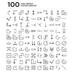 100 linear pack of Right arrow, Update, close, menu, add, Checked, right question mark line icons, universal thin stroke icons set
