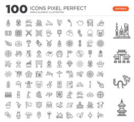 Set of 100 linear icons such as Temple, Dragon, Paifang, Skyscrapers, Tea, Paper lantern, China, Dumpling, Tea ceremony, Fan