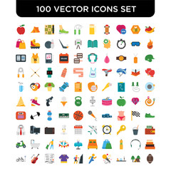 Set of 100 Vector icons such as Fruit, Tent, Make up, Microphone, Runner, Trekking, Polo shirt, Book, Guitar, Bike