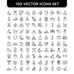 Outline set of 100 Vector line icons such as Meditation, Lotus, Skincare, Fitness, Walking, Spa, Running, Surfing, Weight Loss, Treatments