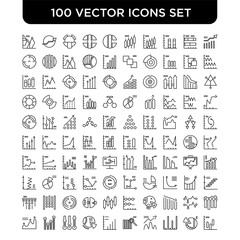 Outline set of 100 Vector line icons such as chart, Pie Bar Analytics, chart