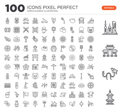 Set of 100 linear icons such as Temple, Dragon, Paifang, Skyscrapers, Tea, Paper lantern, China, Dumpling, Tea ceremony, Fan