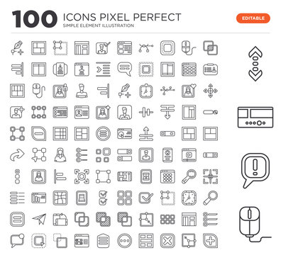 Set of 100 linear icons such as Mouse, Exclamation, Slider, Scroll, Overlap, Enlarge, Cancel, Layout, More, Menu