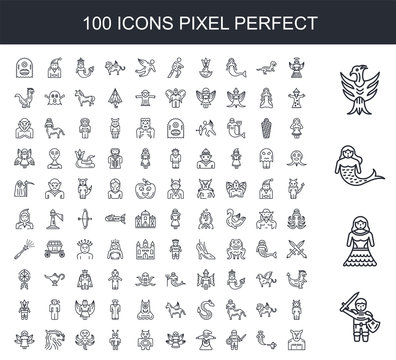 100 line icon set. Trendy thin and simple icons such as Knight, Princess, Mermaid, Phoenix, Angel, Genie, Warrior, Wizard, Fairy, Monster