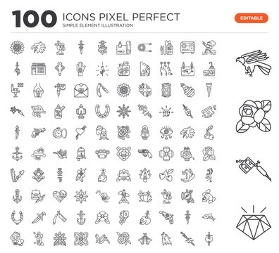 Set of 100 linear icons such as Diamond, Tattoo Machine, Rose, Eagle, Ship, Dagger, Wolf, Revolvers, Flowers, Bird