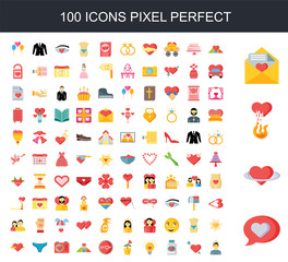 100 icon set. Trendy simple icons such as Love, Heart, Love and romance, Placeholder, Cure, Plant, Stop