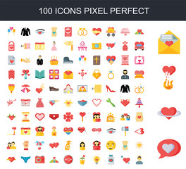 Fototapeta premium 100 icon set. Trendy simple icons such as Love, Heart, Love and romance, Placeholder, Cure, Plant, Stop
