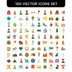 Set of 100 Vector icons such as Dragon, Treasure, Diamond ring, Frog, Crown, Spellbook, Crystals, Rainbow, King, Scroll