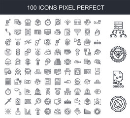 100 line icon set. Trendy thin and simple icons such as Data, Encryption, Value, Server, Available, Efficiency, Filter, Technical Support, Users, Big data