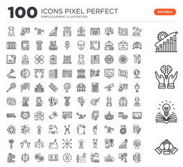 Set of 100 linear icons such as Group, Knowledge, Intellectual, Development, Social, Software, People, Education, Purpose, Famous