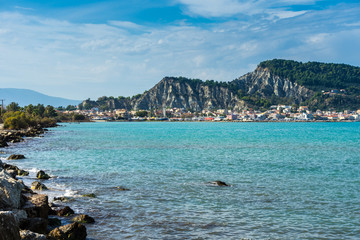 Greece, Zakynthos, Houses of coastal city zante town from water