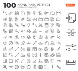 Set of 100 linear icons such as Measure, Reverse, Select all, Import, Dimension, Delete, Axis, Table, Paste clipboard, Rotate