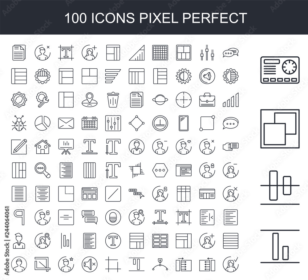 Poster 100 line icon set. trendy thin and simple icons such as vertical alignment, horizontal window, setti