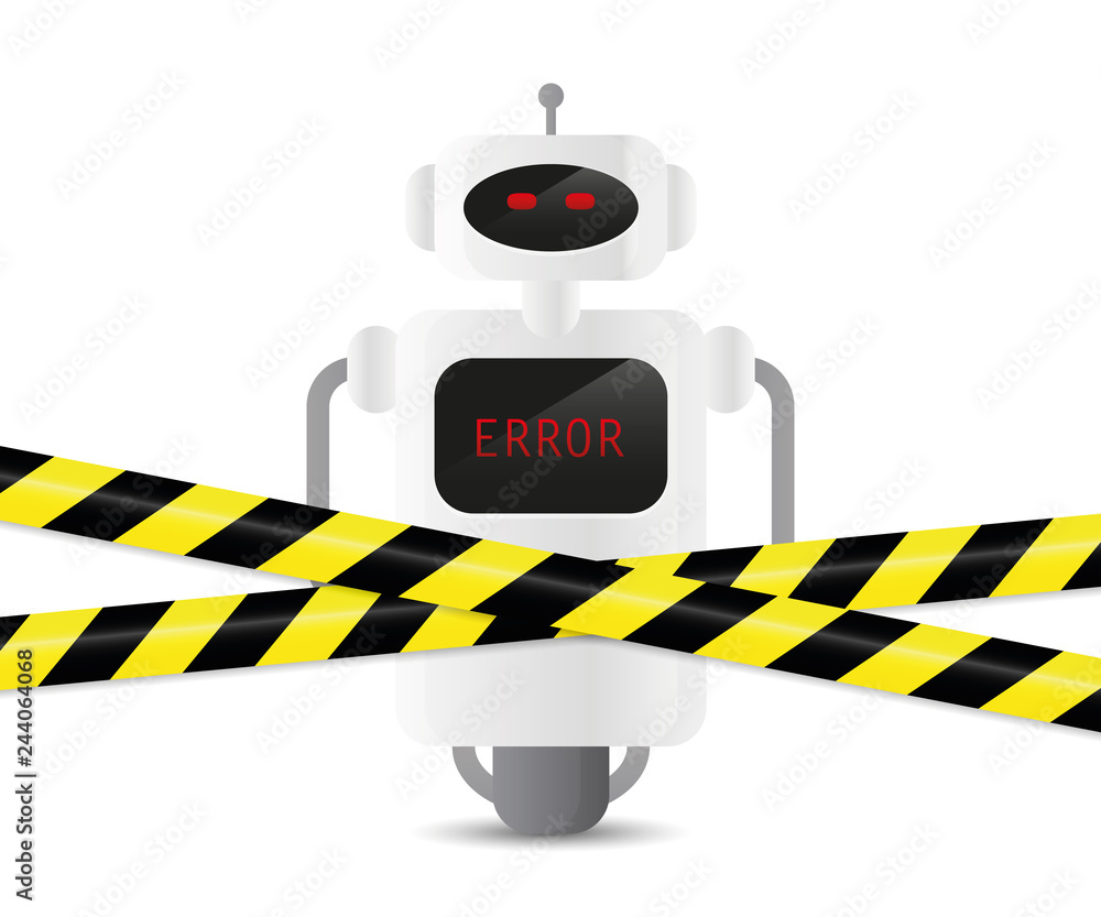 Poster defect robot with error code and warning tape vector illustration eps10
