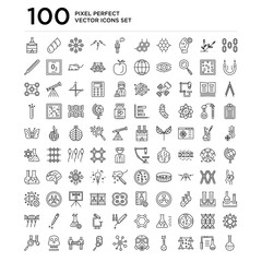 100 linear pack of Bacteria, Laboratory, Biology, Flask, Gas mask, Molecular, Cloning, Dangerous, Blood test line icons, universal thin stroke icons set