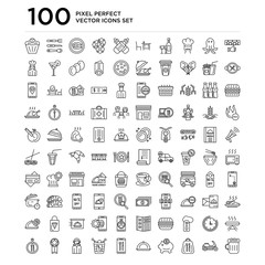 100 linear pack of Review, Delivery, Bag, Saving, Tray, Ordering, Fried chicken, Operator, Guarantee, Location line icons, universal thin stroke icons set