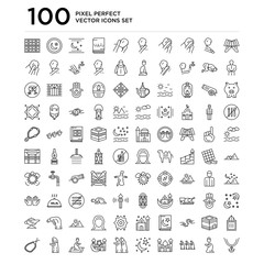 100 linear pack of Quran rehal, Muslim Man Praying, Islamic Friday Prayer, Mosque, Star and Crescent Moon line icons, universal thin stroke icons set