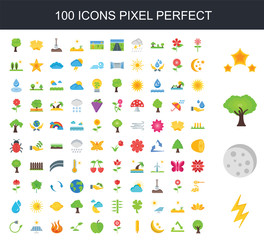 100 icon set. Trendy simple icons such as Light, Moon, Tree, Star, Flower, Recycle, Wheat, Apple