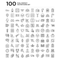 100 linear pack of List, Customer relationship management, Team, Target, Truck, Workers, Destination, Conversation, Summary line icons, universal thin stroke icons set