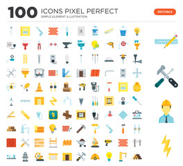 100 Set of icons such as Flash, Engineer, Tools, Drawing, Light bulb, Crane, Helmet, Door