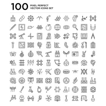 100 linear pack of Bacteria, Laboratory, Biology, Flask, Gas mask, Molecular, Cloning, Dangerous, Blood test line icons, universal thin stroke icons set