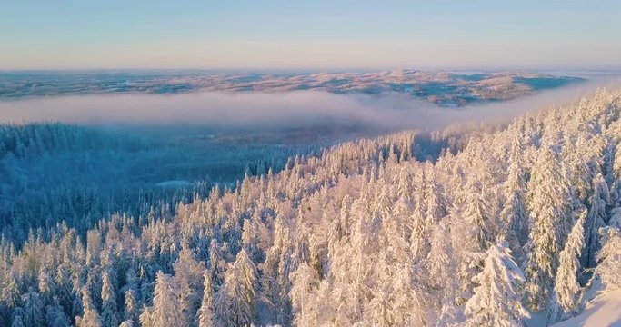 Aerial winter nature nordic landscape snowy mountain forest and lake on sunset