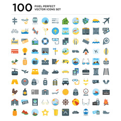 100 pack of Airplane, Boarding pass, Train, Cruise, Camping, Smoothie, Starfish, Mountains, Watermelon, Pineapple icons, universal icon set