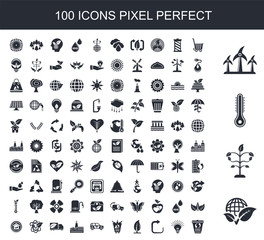 100 filled icon set. Trendy simple icons such as Planet grid and a leaf, Tree growing, Thermometer, Renewable energy label, Shopping cart, Light Bulb, Refresh, Leaf, Recycling bottles, Eco Car