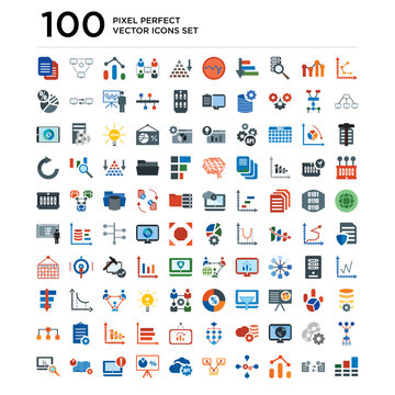 100 pack of Analytics, Synchronization, Automation, Network, Api, Error, Open book, Data analytics icons, universal icon set