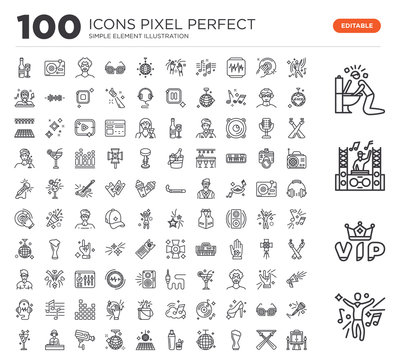 Set of 100 linear icons such as Dancing, Vip, DJ, Vomit, Stage, Beer, Disco ball, Shaker, Floor