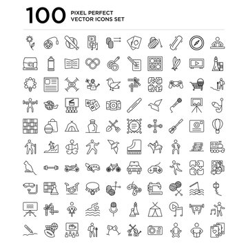100 linear pack of Cooking, Reading, Yoga, Photo camera, Gardening, Toast, Hiking, Cinema, Sports, Writing line icons, universal thin stroke icons set