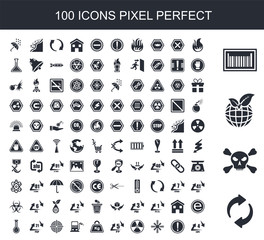 100 filled icon set. Trendy simple icons such as Recycable, Danger, Eco Friendly, Bar Code, Fire, Caution, Snowflake, Radioactive, 5 PP, Kilo