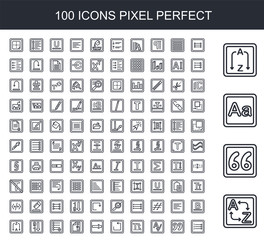 100 line icon set. Trendy thin and simple icons such as Translate, Quote, Font, Sort, List, Spellcheck, Text, Undo, Input