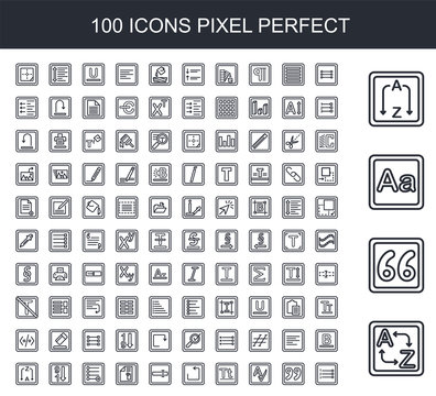 100 line icon set. Trendy thin and simple icons such as Translate, Quote, Font, Sort, List, Spellcheck, Text, Undo, Input