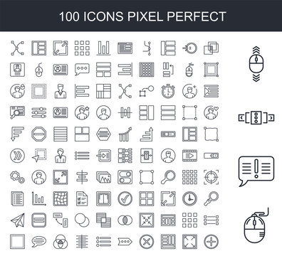 100 line icon set. Trendy thin and simple icons such as Mouse, Exclamation, Slider, Scroll, Overlap, Enlarge, Layout, Cancel, More, Menu