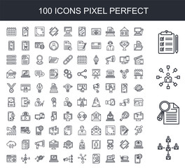 100 line icon set. Trendy thin and simple icons such as Teamwork, Research, Communication, Checklist, Computer, On, Keyword, Network, Megaphone
