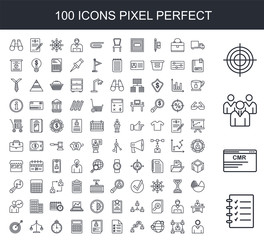 100 line icon set. Trendy thin and simple icons such as List, Customer relationship management, Team, Target, Truck, Workers, Destination, Conversation, Summary