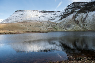 lake with mountains reflected (llyn y fan fach, brecon beacons national park)