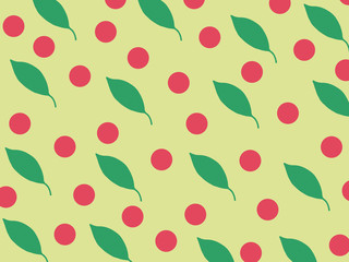 illustration, green leaves and red circles on yellow background, print,