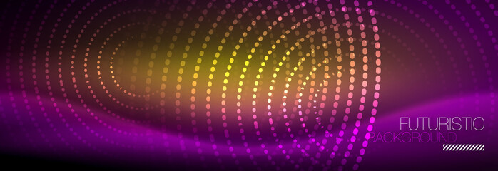 Obraz premium Glowing neon circle line dots, round line design, abstract style on black background. Neon abstract round circles Magic neon lights and glowing dots