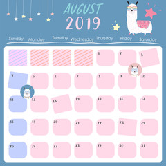 Cute monthly calendar 2019 with llama,rainbow and star for children.Can be used for web,banner,poster,label and printable