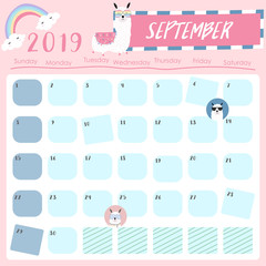 Cute monthly calendar 2019 with llama,rainbow and star for children.Can be used for web,banner,poster,label and printable