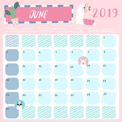 Cute monthly calendar 2019 with llama,rainbow and star for children.Can be used for web,banner,poster,label and printable