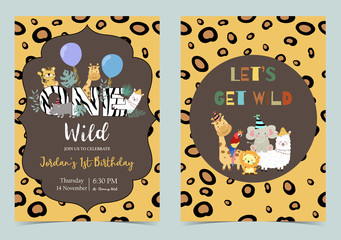 Yellow brown birthday card with lion,elephant, giraffe, zebra,llama,alpaca and parrot